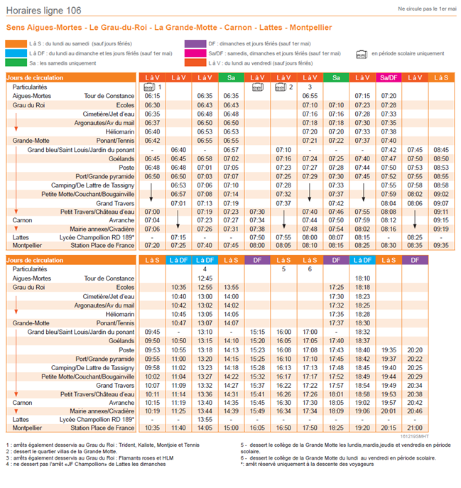 Bus schedule from Grande Motte